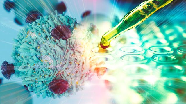 High-throughput screening cytometry accelerates drug discovery, shown by pipette dispensing liquid near immune cell and assay plate. 