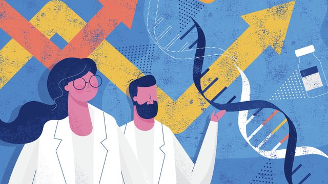 Flat vector textured illustration representing male and female scientist and concept of increasing pharmacogenomics researches. 