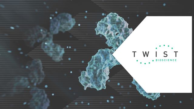 3D illustration of an antibody structure with Twist Bioscience logo on a dark background. 