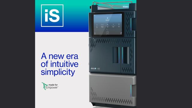Waters Alliance iS HPLC System brochure showing instrument with touchscreen and tagline 'A new era of intuitive simplicity' 