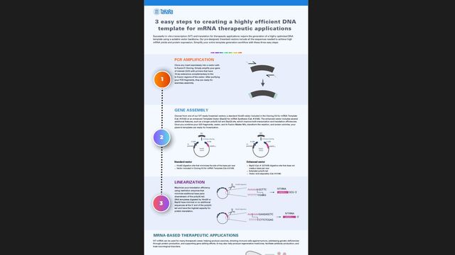 Infographic showing 3 steps for creating efficient DNA templates for mRNA therapeutics: PCR amplification, gene assembly, and linearization 