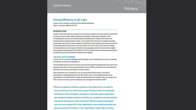 Waters white paper titled 'Driving Efficiency in QC Labs,' addressing errors, productivity, and benefits of the Alliance iS HPLC System 