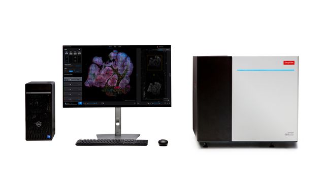 Thermo Fisher EVOS S1000 imaging system with monitor displaying microscopy image, computer tower, and keyboard 