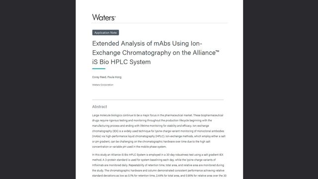Waters application note on extended analysis of monoclonal antibodies using ion-exchange chromatography on Alliance iS Bio HPLC 
