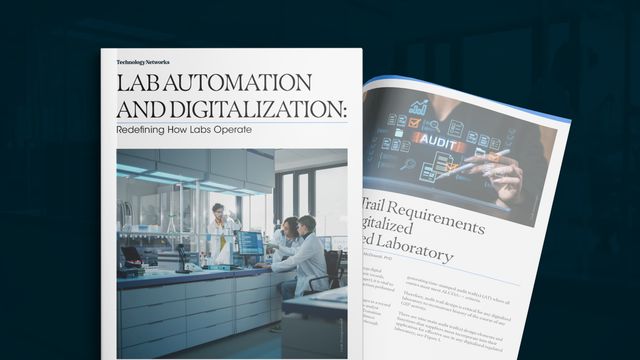 eBook cover and page spread on lab automation and digitization featuring modern lab technology. Text reads: Lab Automation and Digitalization: Redefining How Labs Operate 