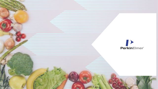 Fresh fruits and vegetables with PerkinElmer logo representing food and beverage industry testing. 