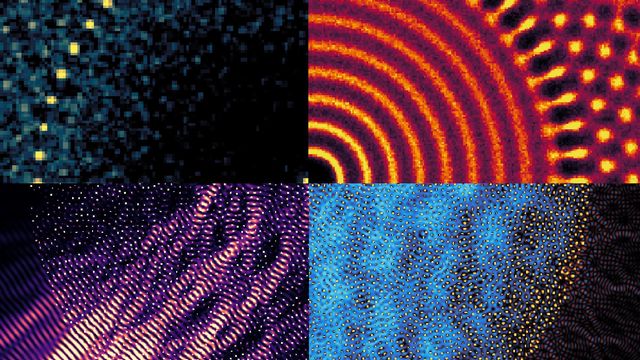 An artist's interpretation of a gyromorph's properties, across four images. The top two images show different aspects of the material's structure, while the bottom two show its optical proerties. 