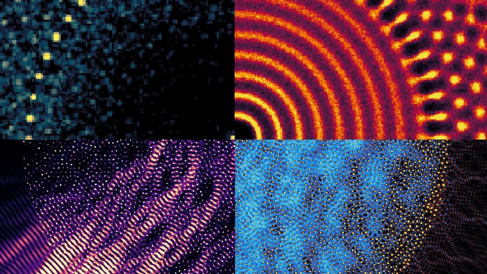 An artist's interpretation of a gyromorph's properties, across four images. The top two images show different aspects of the material's structure, while the bottom two show its optical proerties.