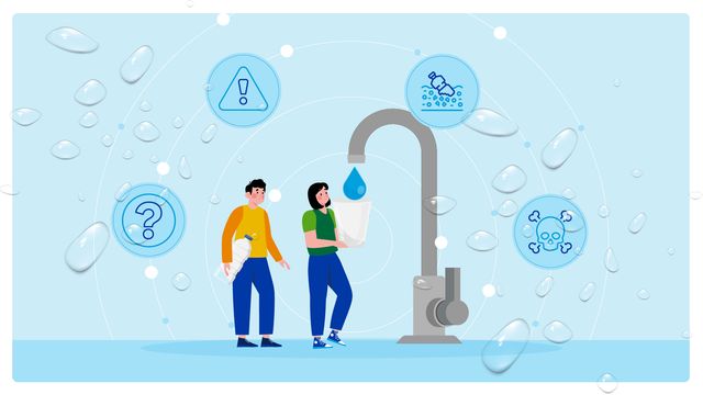 Illustration of two people collecting water from a large faucet, surrounded by icons of contaminants. 