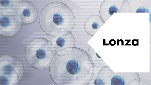 Microscopic view of blue cell co-cultures with Lonza logo overlay. 